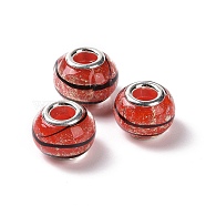 Handmade Lampwork Gold Sand Effect European Large Hole Rondelle Beads, with Silver Plated Brass Double Cores, Indian Red, 14x9mm, Hole: 5mm(LPDL-M013-11)