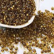 Glass Seed Beads, Transparent Colours, Silver Lined, Peanut, Goldenrod, 5~6x2.5~3x3~3.5mm, Hole: 1~1.2mm, about 5000pcs/pound(SEED-L011-02A-04)