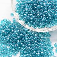 8/0 Glass Seed Beads, Grade A, Round, Transparent Colours Lustered, Sky Blue, 2.8~3.2mm, Hole: 1.0mm, about 15000pcs/pound(SEED-J012-F8-119)