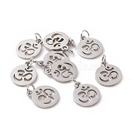 304 Stainless Steel Charms, with Jump Ring, Flat Round with Ohm/Aum Charm, Stainless Steel Color, 14x12x1.1mm, Hole: 3mm(STAS-Q201-T446S)