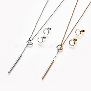 304 Stainless Steel Jewelry Sets, Cable Chains Necklaces and Stud Earrings, with Ear Nuts/Earring Back, Ring & Bar, Golden & Stainless Steel Color, 16.9 inch(43cm), 13x10.5x1.5mm, Pin: 0.7mm(SJEW-F213-17)