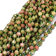 Natural Unakite Beads Strands, with Seed Beads, Faceted, Bicone, Double Terminated Point Prism Beads, 5~7x6mm, Hole: 0.8mm, about 48pcs/strand, 15.55''(39.5cm)(G-O201B-15)
