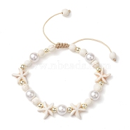 Adjustable Dyed Synthetic Turquoise & Shell Pearl Braided Bead Bracelets, Summer Beach Starfish Bracelets for Women, Floral White, Inner Diameter: 2~3-1/4 inch(5.1~8.1cm)(BJEW-JB10513-01)