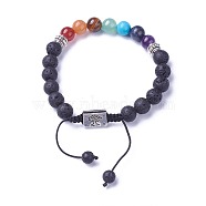 Chakra Jewelry, Natural & Synthetic Mixed Stone Braided Bead Bracelets, with Natural Lava Rock, Alloy Findings and Nylon Cord, Rectangle with Tree, 52~76mm(BJEW-I273-H04)