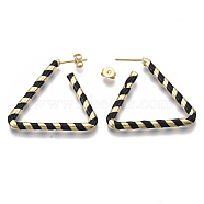 Brass Stud Earrings, with Enamel and Earring Backs, Triangle, Real 18K Gold Plated, Black, 35x31x3mm, Pin: 0.7mm(EJEW-S209-16A)