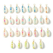 30Pcs Natural Cowrie Shell Pendants, with Glass Seed Beads, Shell Shape Charms with Golden Tone Copper Wire Loops, Mixed Color, 29.5x14.5x8.5mm, Hole: 2.3mm(SHEL-SC0001-43)