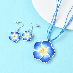 Flower Polymer Clay with Wax Cord Pendant Necklaces & Dangle Earrings Sets, Steel Blue, 400mm(FS-WG2CAA9-02)
