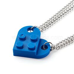 Resin Building Blocks Pendant Necklaces Sets, Couple Necklaces, with 304 Stainless Steel Lobster Claw Clasps, Half Oval, Royal Blue, 17.51 inch(44.5cm), 2pcs/set(NJEW-JN03442-01)