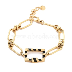 Golden Tone 304 Stainless Steel Enamel Rectangle Link Chain Bracelets for Women, Black, 6-3/4 inch(17cm)(BJEW-K249-03G-02)