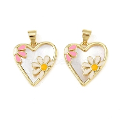 Brass Enamel Pendants, with Natural Shell, Heart with Flower Charm, Cadmium Free & Lead Free, Rack Plating, Long-Lasting Plated, Real 18K Gold Plated, 18.5x17.5x3mm, Hole: 3.5x5.5mm(X-KK-S526-52G)