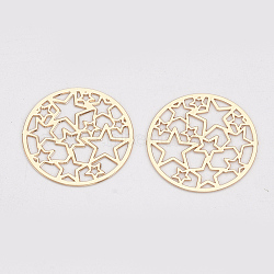 Brass Filigree Joiners Links, Etched Metal Embellishments, Long-Lasting Plated, Flat Round with Star, Light Gold, 17.5x0.3mm(KKC-S001-013KC)