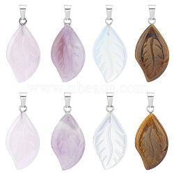 8Pcs 4 Styles Natural & Synthetic Mixed Gemstone Pendants, Natural Rose Quartz & Amethyst & Tiger Eye, Opalite, Leaf Charm, with Stainless Steel Color Tone Stainless Steel Findings, 29x15x4.5mm, Hole: 2.5x5mm, 2pcs/style(G-UN0001-10)
