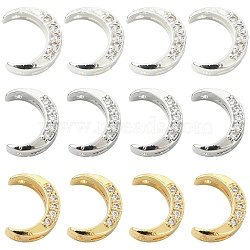 12Pcs 3 Colors Brass Clear Cubic Zirconia Beads, Moon, Mixed Color, 10.5x8.5x3.5mm, Hole: 1mm and 2x1mm, 4pcs/color(KK-CJ0003-80)