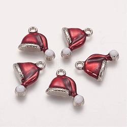Brass Enamel Pendants, Cadmium Free & Nickel Free & Lead Free, Christmas Hat, Platinum Color, Dark Red and White, Size: about 16.5mm long, 17mm wide, 3mm thick, hole: 1.5mm(KK-Q217-1-FF)