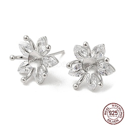 Rhodium Plated 925 Sterling Silver Stud Earring Findings, with Cubic Zirconia, Flower, for Half Drilled Beads, Real Platinum Plated, 12x12x5mm, Pin: 0.7mm(STER-M114-23P)