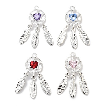 Rack Plating Alloy Rhinestone Pendants, Lead Free & Cadmium Free & Nickel Free, Woven Net/Web with Feather, Heart, Mixed Color, Silver, 34x13x4mm, Hole: 2mm