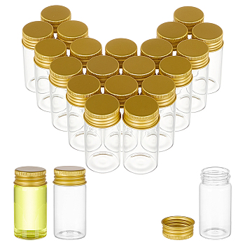 20Pcs Clear Glass Bottles Bead Containers, Screw Top Bead Storage Tubes with Aluminum Cap, Column, Golden, 3x6cm, Capacity: 25ml(0.85fl. oz)