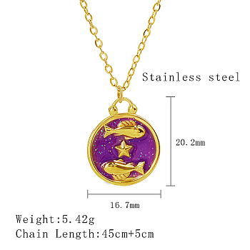 Stainless Steel Enamel Constellation Pendant Necklaces, Real 18K Gold Plated, Pisces, 17.72 inch(45cm), Pendant: 20.2x16.7mm