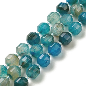 Natural Agate Beads Strands, Faceted Bicone Barrel Drum Beads, with Seed Beads, Dyed, Dark Cyan, 12x11mm, Hole: 1.2mm, about 27pcs/strand, 14.49 inch(36.8cm)