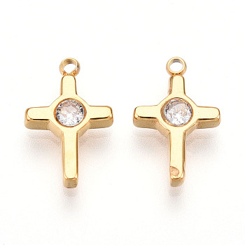 Ion Plating(IP) 304 Stainless Steel Micro Pave Cubic Zirconia Charms, Cross, Real 18K Gold Plated, Clear, 13x8x2.5~3mm, Hole: 1.2mm