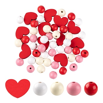 130Pcs 5 Style Red Series Painted Natural Wood Beads, Heart & Round, Mixed Color, 130pcs/bag