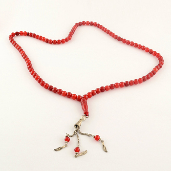 Muslim Islamic Prayer Rosary Faceted White Jade Beaded Stretch Bracelets, with Iron and Alloy Leaf Charms, Red, 28.3 inch, about 101pcs/strand