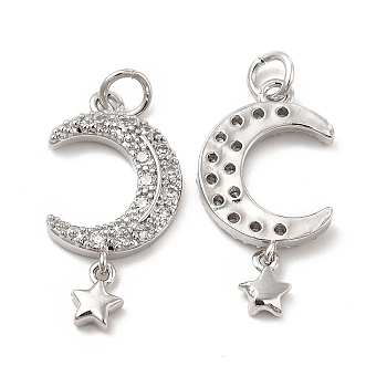 Brass Micro Pave Cubic Zirconia Pendants, with Jump Ring, Moon & Star Charm, Platinum, 23x12x2.8mm, Hole: 2.5mm