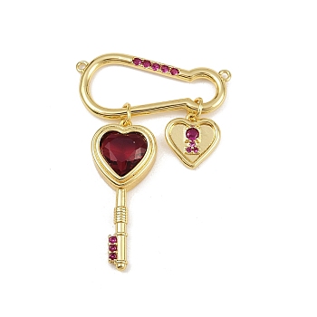 Brass Micro Pave Cubic Zirconia Pendants, Brooch/Pin Shape, with Glass, Lead Free & Cadmium Free, Long-Lasting Plated, Rack Plating, Real 18K Gold Plated, Red, 47x32x6mm, Hole: 1.2mm