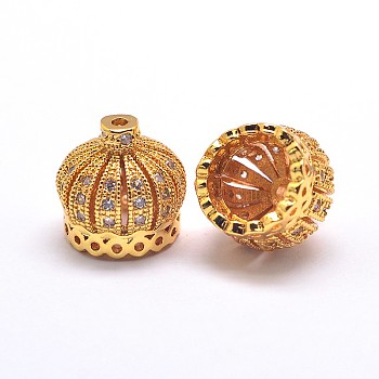 Brass Micro Pave Cubic Zirconia Crown Beads, Cadmium Free & Nickel Free & Lead Free, Golden, 10x10.5mm, Hole: 0.3mm