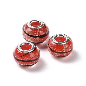 Handmade Lampwork Gold Sand Effect European Large Hole Rondelle Beads, with Silver Plated Brass Double Cores, Indian Red, 14x9mm, Hole: 5mm