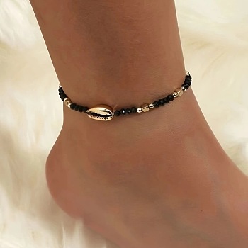Bohemian Glass Seed Bead & Natural Cowrie Shell Beaded Anklets, Golden, 11-1/4 inch(285mm)