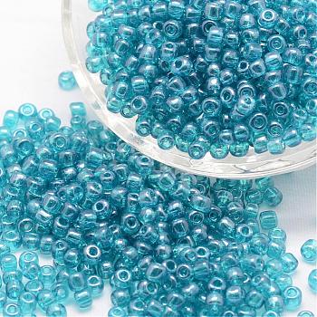 8/0 Glass Seed Beads, Grade A, Round, Transparent Colours Lustered, Sky Blue, 2.8~3.2mm, Hole: 1.0mm, about 15000pcs/pound