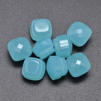 Faceted Cube Glass Cabochons, Medium Turquoise, 10x10x8mm, Tray: 8x8mm