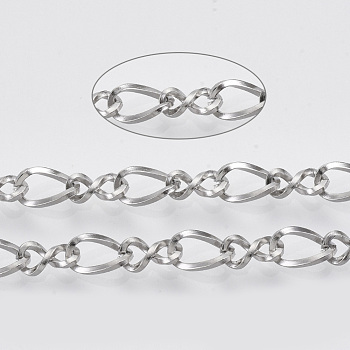 304 Stainless Steel Figaro Chains, Figure 8 Chain, Unwelded, Stainless Steel Color, Link 1: 7x4x0.8mm, Link 2:  7x3.8x0.8mm