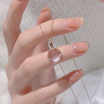 Flat Round Brass Pave Natural Rose Quartz Pendant Necklaces for Women, Rose Gold, 15.75 inch(40cm), pendant: 8mm