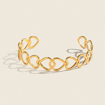 Hollow 304 Stainless Steel Cuff Bangles for Women, Heart, Real 18K Gold Plated, Inner Diameter: 2-1/2 inch(6.4cm)