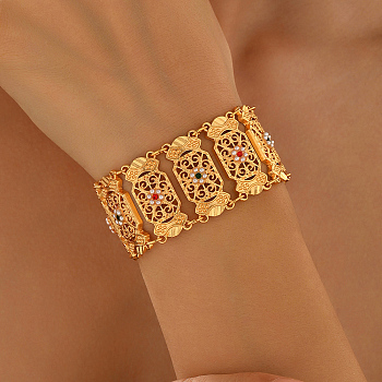 Vintage Brass Micro Pave Cubic Zirconia Link Chain Bracelets for Women, Oval with Flower, with Plastic Imitation Pearls, Real 18K Gold Plated, Inner Diameter: 7-1/2 inch(19cm)