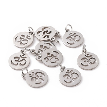 304 Stainless Steel Charms, with Jump Ring, Flat Round with Ohm/Aum Charm, Stainless Steel Color, 14x12x1.1mm, Hole: 3mm