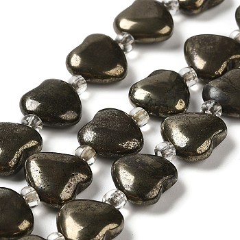 Natural Pyrite Beads Strands, with Seed Beads, Heart, 12x12x4~4.5mm, Hole: 1mm, about 14pcs/strand, 7.56''(19.2cm)
