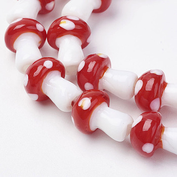 Handmade Lampwork Beads Strands, Mushroom, Red, 11.5~14.5x9~11mm, Hole: 1mm, about 25pc/strand, 13.54 inch(34.4cm)