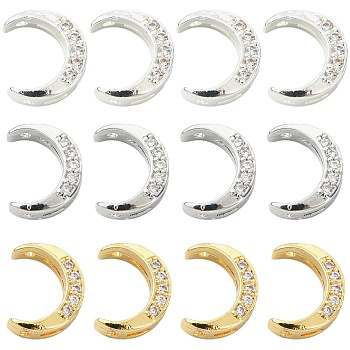 12Pcs 3 Colors Brass Clear Cubic Zirconia Beads, Moon, Mixed Color, 10.5x8.5x3.5mm, Hole: 1mm and 2x1mm, 4pcs/color
