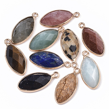 Natural & Synthetic Gemstone Pendants, with Golden Plated Edge Brass Findings, Faceted, Horse Eye, 20x9x5mm, Hole: 1.2mm