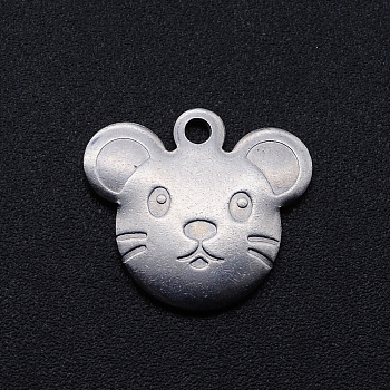 201 Stainless Steel Charms, Mouse, Stainless Steel Color, 14.5x16x1.5mm, Hole: 1.6mm