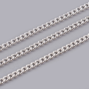 Brass Twisted Chains, Curb Chains, Unwelded, with Spool, Oval, Lead Free & Cadmium Free, Silver Color Plated, 3.7x2.7x0.8mm, about 301.83 Feet(92m)/roll