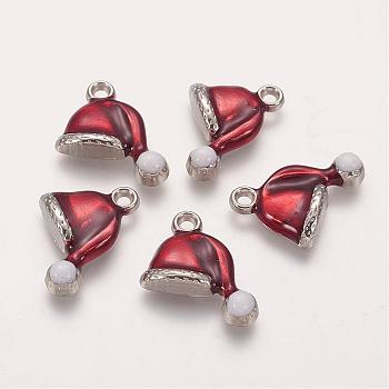 Brass Enamel Pendants, Cadmium Free & Nickel Free & Lead Free, Christmas Hat, Platinum Color, Dark Red and White, Size: about 16.5mm long, 17mm wide, 3mm thick, hole: 1.5mm