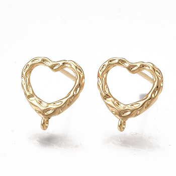 Brass Stud Earring Findings, with Loop, Nickel Free, Real 18K Gold Plated, Heart, 11.5x10.5mm, Hole: 0.8mm, Pin: 0.8mm