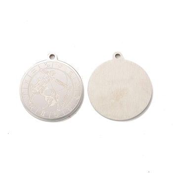304 Stainless Steel Pendants, Flat Round with Constellations Charm, Stainless Steel Color, Sagittarius, 28x25x1.5mm, Hole: 2mm