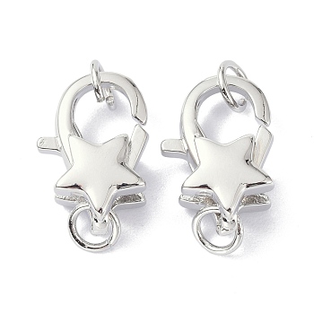 Eco-Friendly Brass Lobster Claw Clasps, with Jump Ring, Star, Platinum, 15.7x10.7x6mm