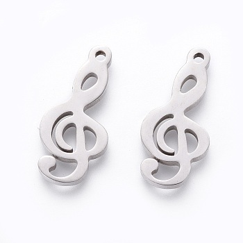 201 Stainless Steel Pendants, Manual Polishing, Musical Note, Stainless Steel Color, 19x9x1.5mm, Hole: 1.2mm