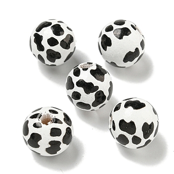 Printed Wood European Beads, Round with Leopard Print Pattern, Black, 15.5~16mm, Hole: 4~4.5mm